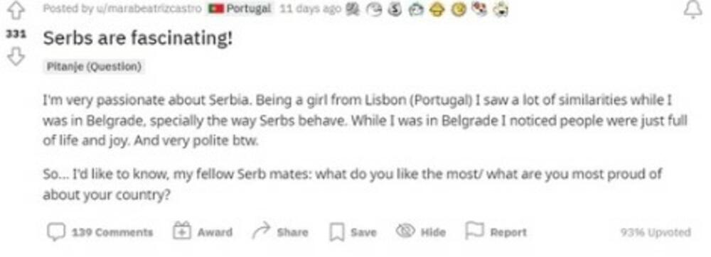 Objava Portugalke o Srbima
