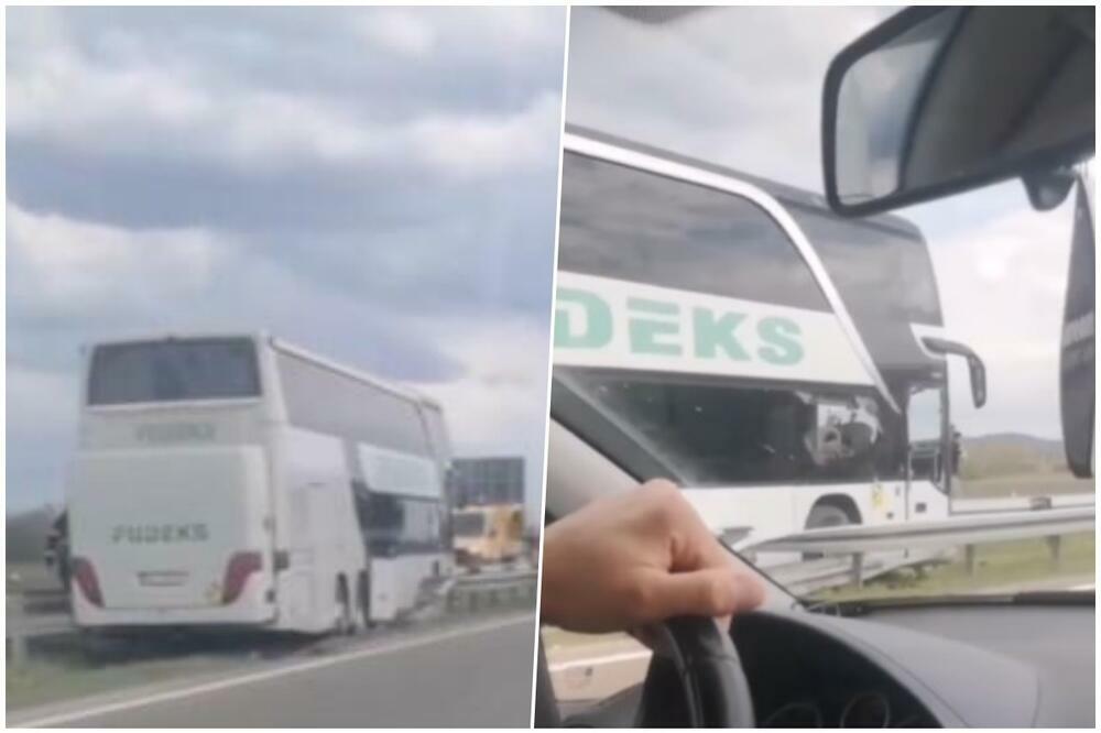 PRVI SNIMAK NESREĆE NA AUTO-PUTU KA NIŠU: Autobus sa đacima UDARIO u zaštitnu ogradu (VIDEO)