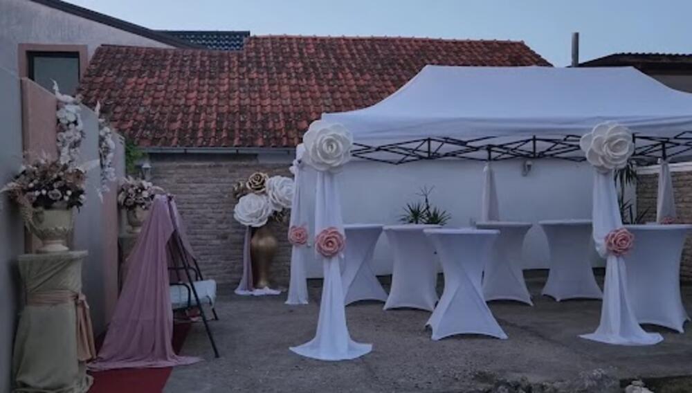 Porodica Dragojević je ukrasila porodičnu kuću u Veterniku posebnim detaljima za svadbu, belim, roze i zlatnim ružama, cvećem, roze baldahinom specijalno za mladence i balonima