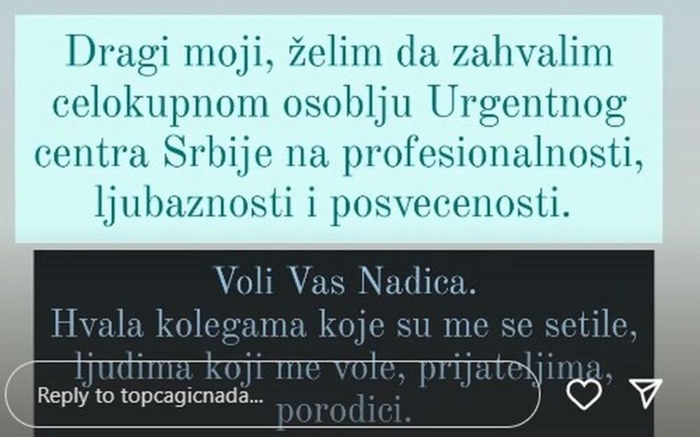 Objava Nade Topčagić nakon izlaska iz bolnice