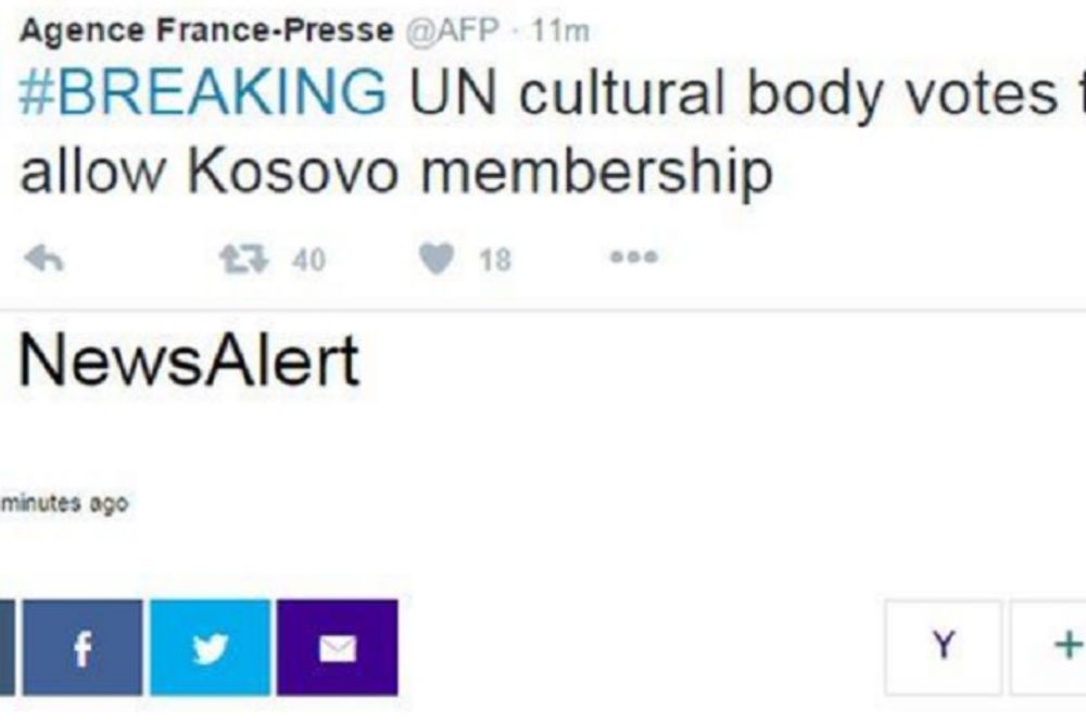 AFP i AP se rano poradovali: Preneli vest da je Kosovo primljeno u Unesko?!