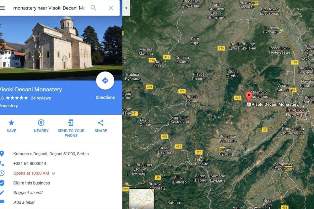 Svetska bruka! Gugl premestio manastir Dečani 200 kilometara dalje od prave lokacije! (FOTO)