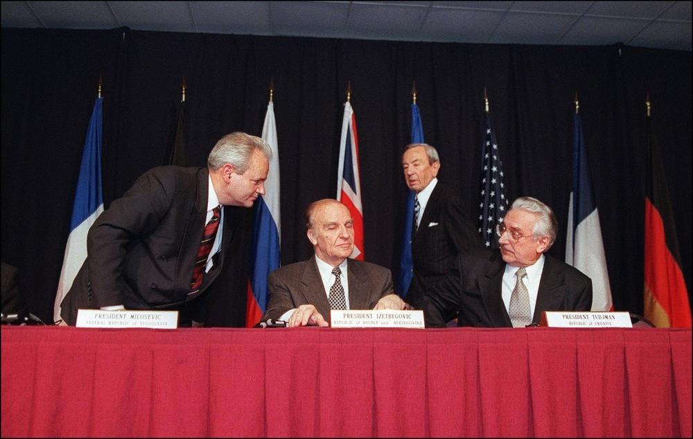 Potpisivanje Dejstonskog sporazuma Slobodan Milošević, Franjo Tuđman, Alija Izetbegović,  Žak Širak