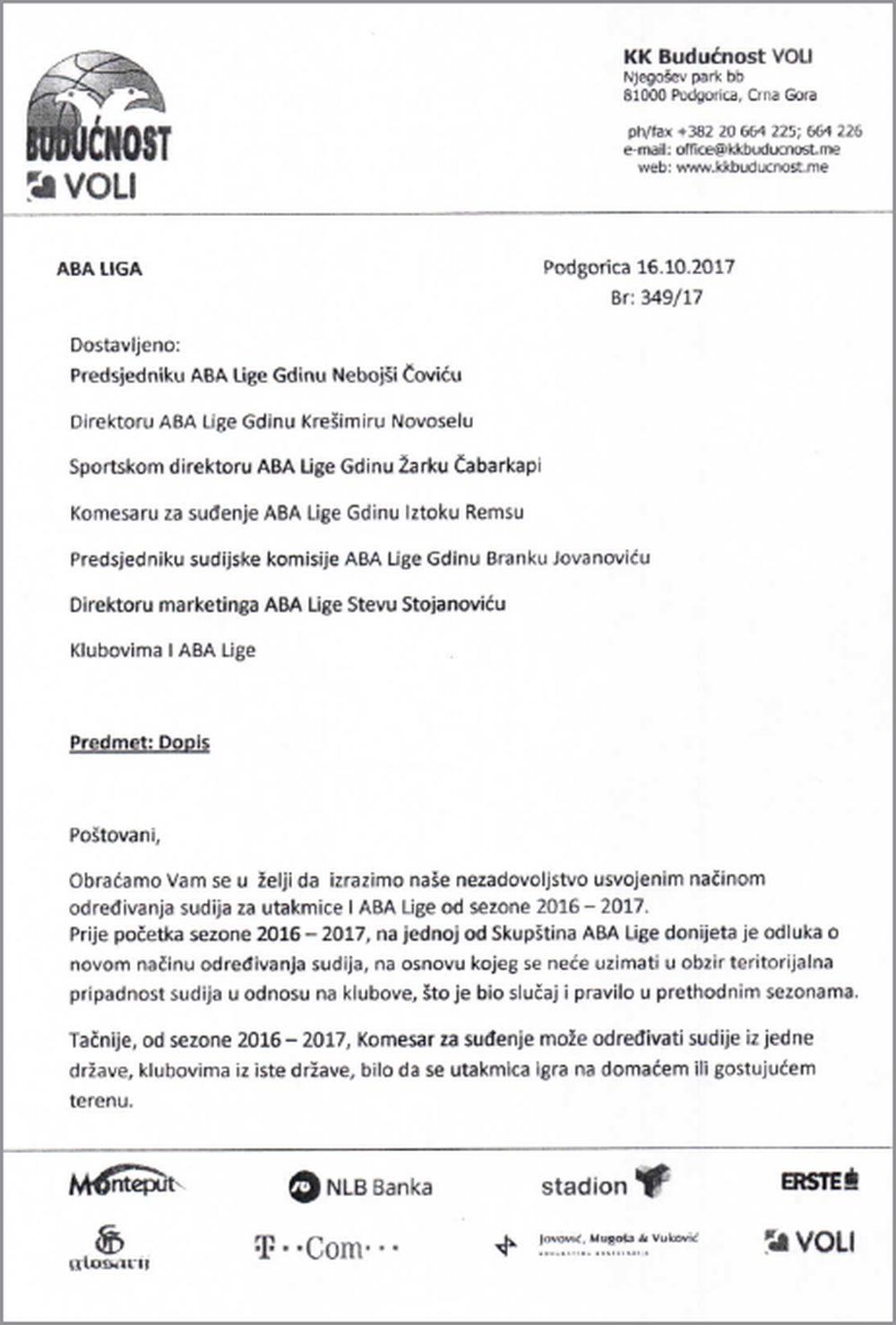 Dopis ABA ligi od strane Budućnosti