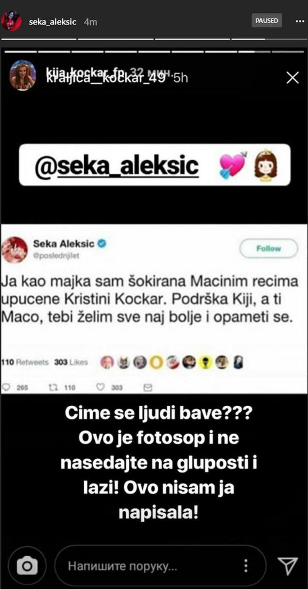 Seka je na svom Instagram profilu demantovala da je ona napisala tvit podrške Kiji Kockar  
