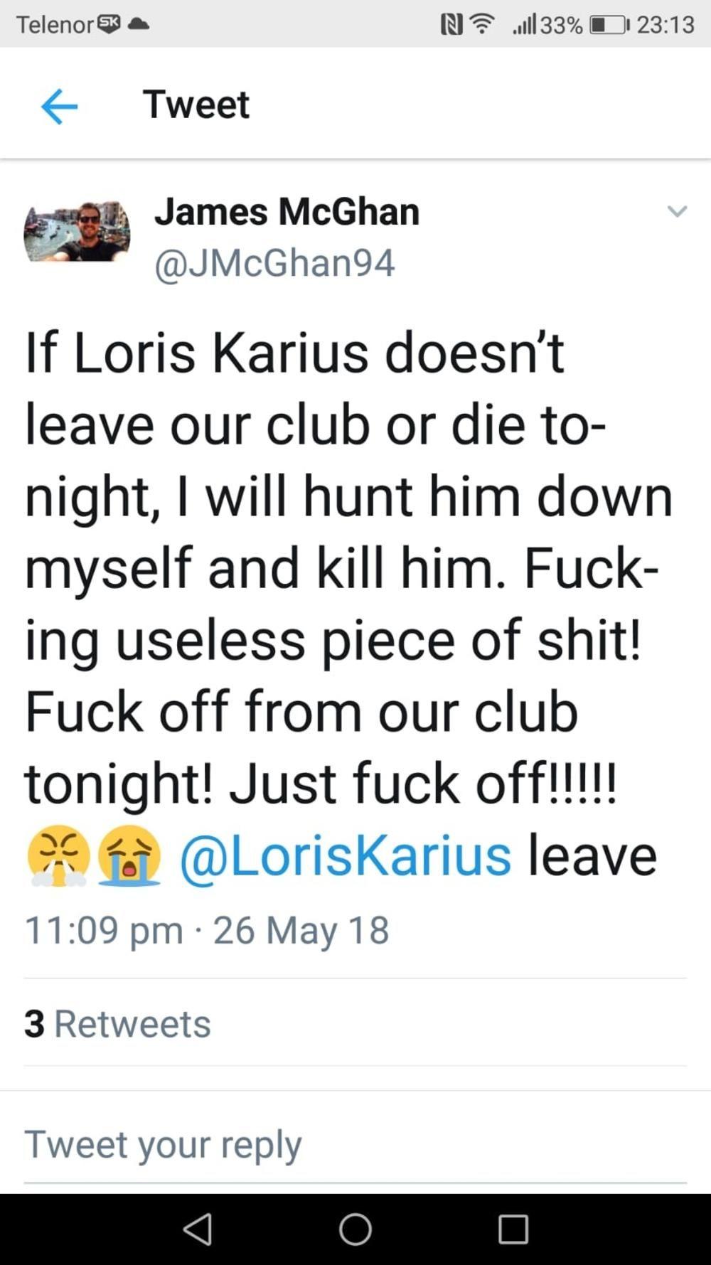 Navijač Liverpula preti smrću Lorisu Karijusu