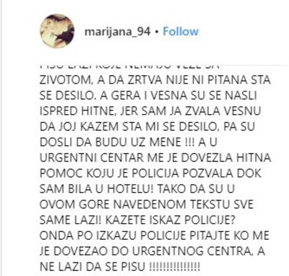 Objava Marijane Marković na Instagramu  