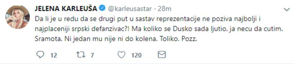 Tvit Jelene Karleuša o nepozivanju Duška Tošića u reprezentaciju  