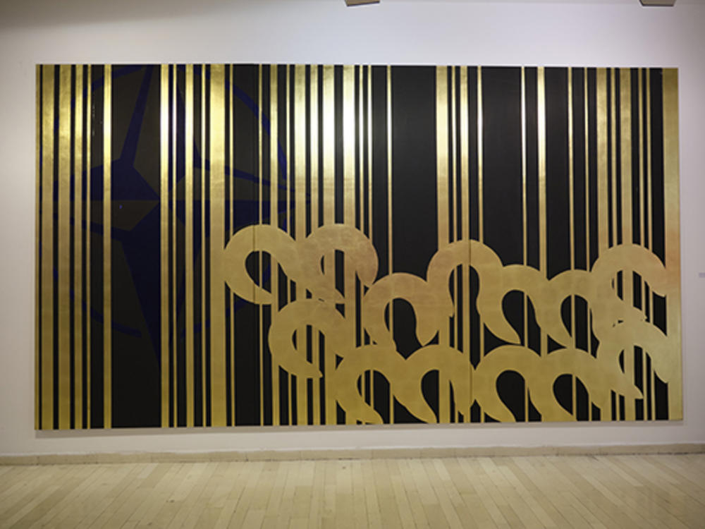 Inkvizicija, zlatni listić, MDM vezivo i pigmenti na platnu, 250 x 450 cm, 2019