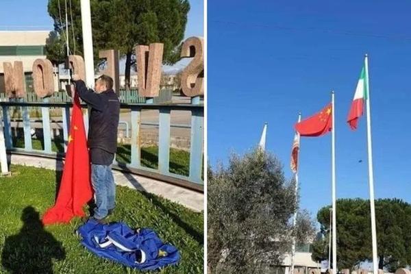 ŠAMARČINA ZA EU: Italijani skidaju zastavu EU i postavljaju zastavu NR Kine umesto nje