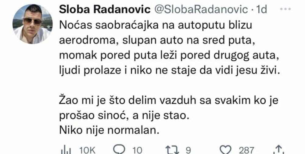 Sloba Radanović se oglasio na Tviteru povodom spašavanja života nepoznatom čoveku na putu