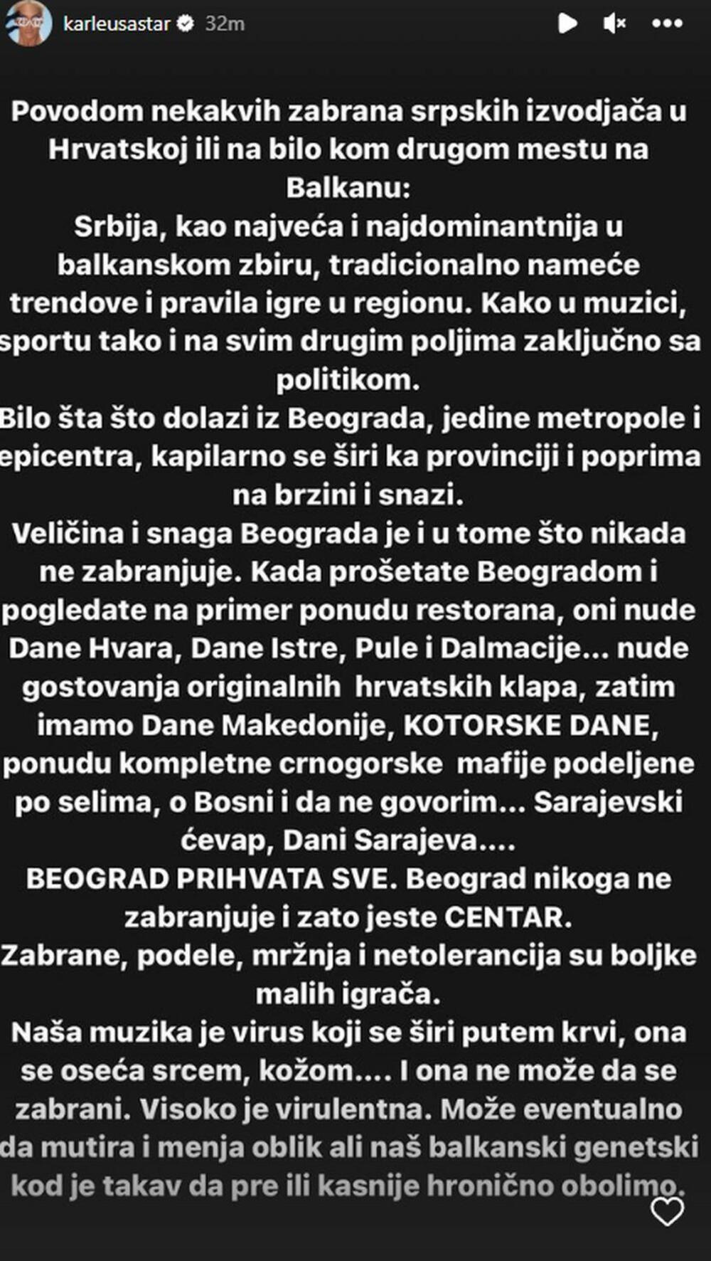 Pop zvezda Jelena Karleuša oglasila se povodom zabrane održavanja koncerta u Puli, na kojem je trebalo da nastupe Duško Kuliš, Ana Bekuta, Dragan Kojić Keba i Zorana Mićanović.