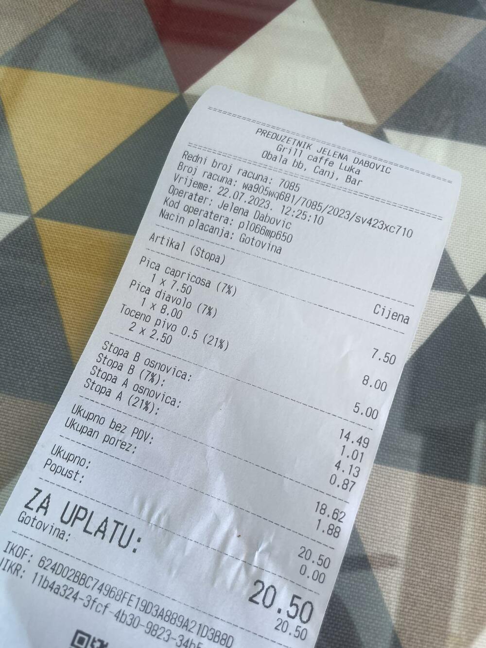 Račun iz restorana u Čanju