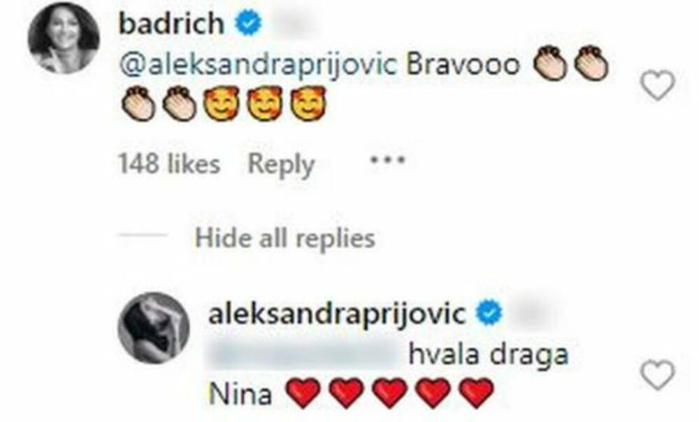 Komentar Nine Badrić ispod objave Aleksandre Prijović