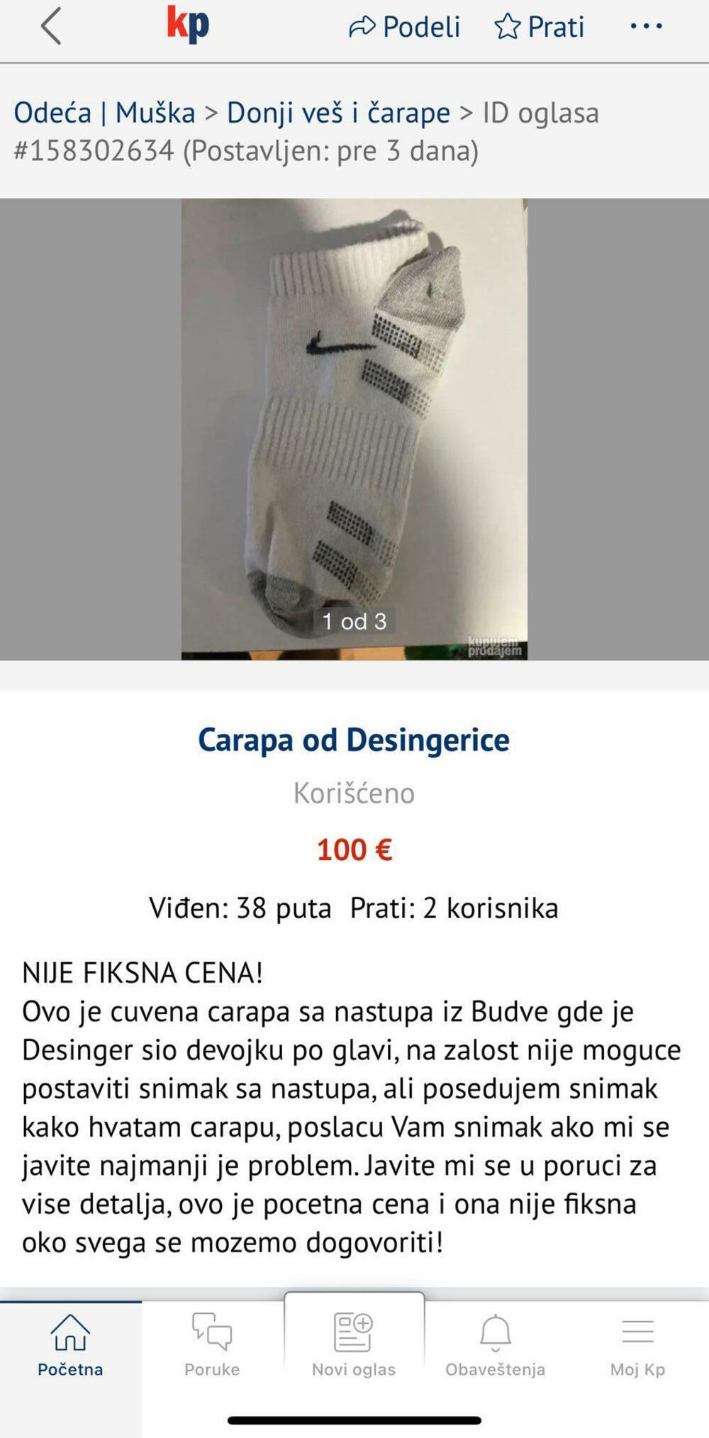 Desingericina čarapa na oglasu i početna cena je 100 evra