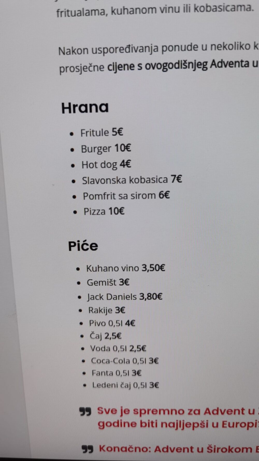 Prosečne cene hrane na Adventu u Zagrebu
