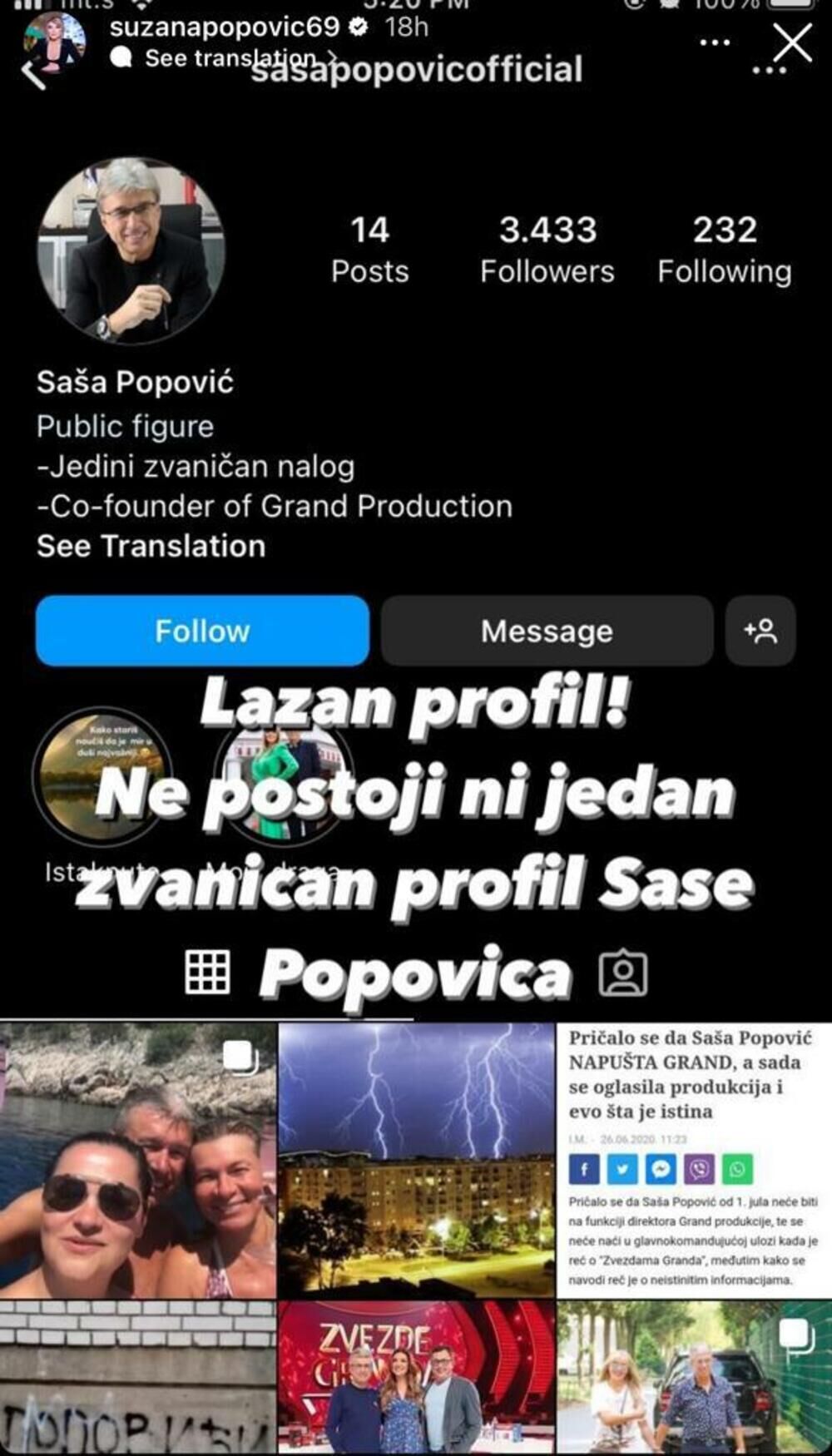 Suzana Jovanović obavestila sve da Saša nema svoj profil